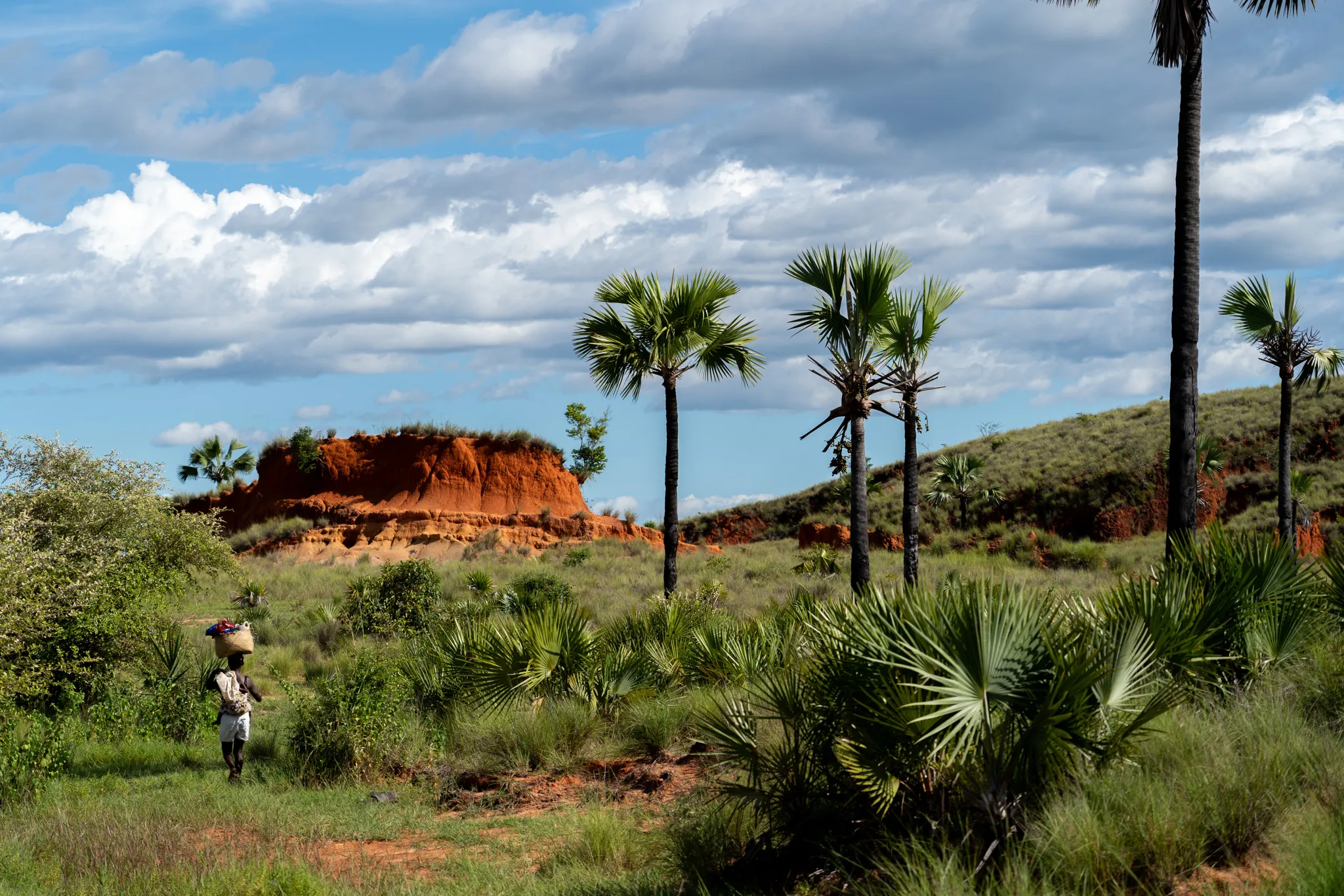 Woman walking past eroded red hills