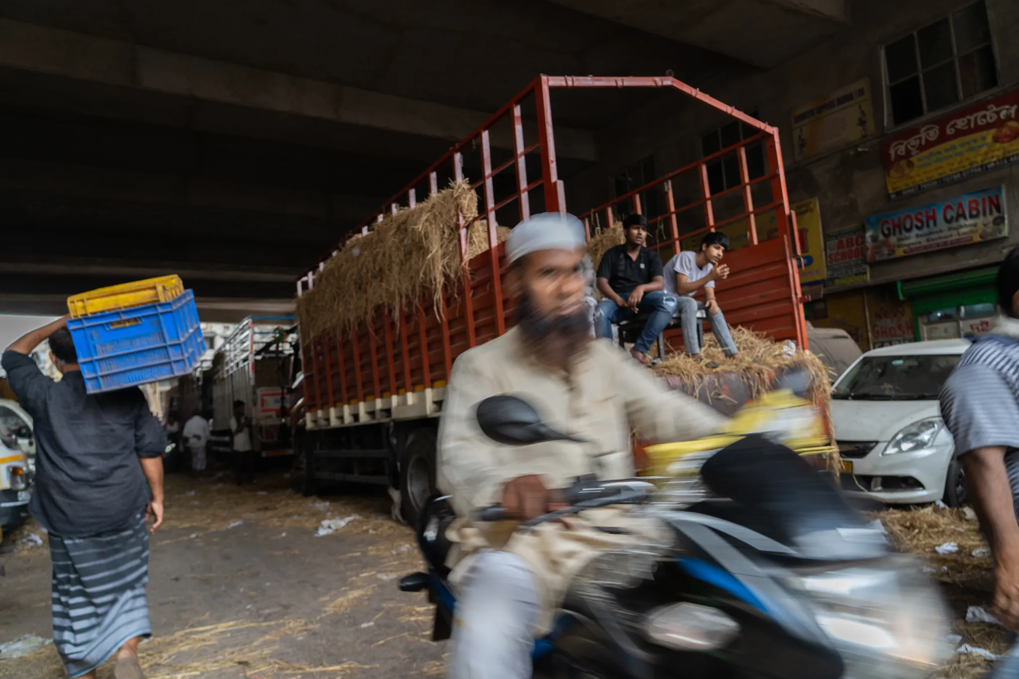 morning traffic through the market street, India