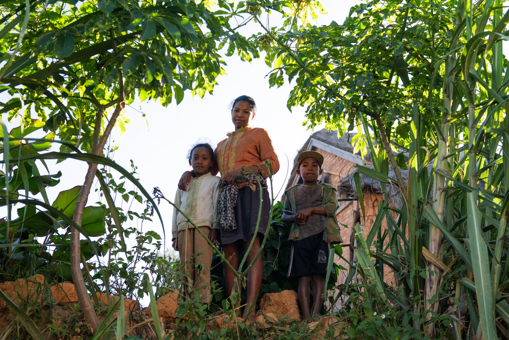 Siblings backlit at dusk