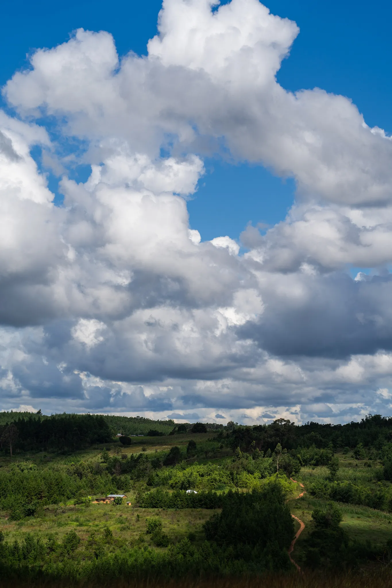 Clouds building over green farmland, Tanzania