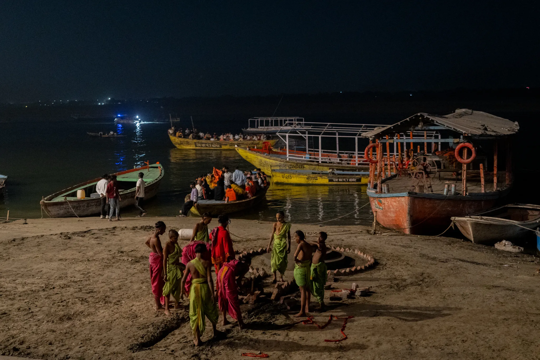 Boats moored for the night in Varanasi, India