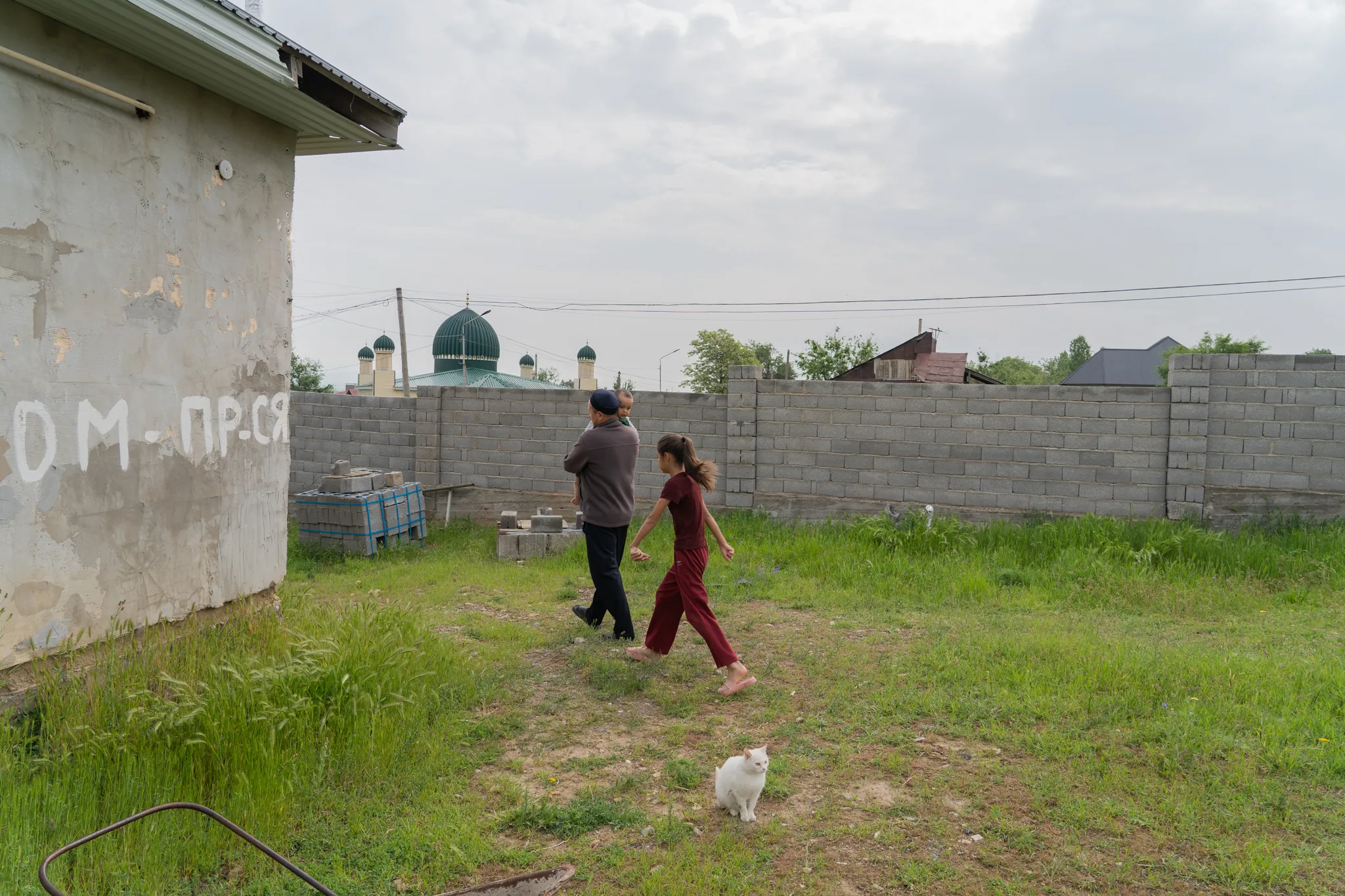 Walking home past a mosque, cat trailing behind, Kazakhstan