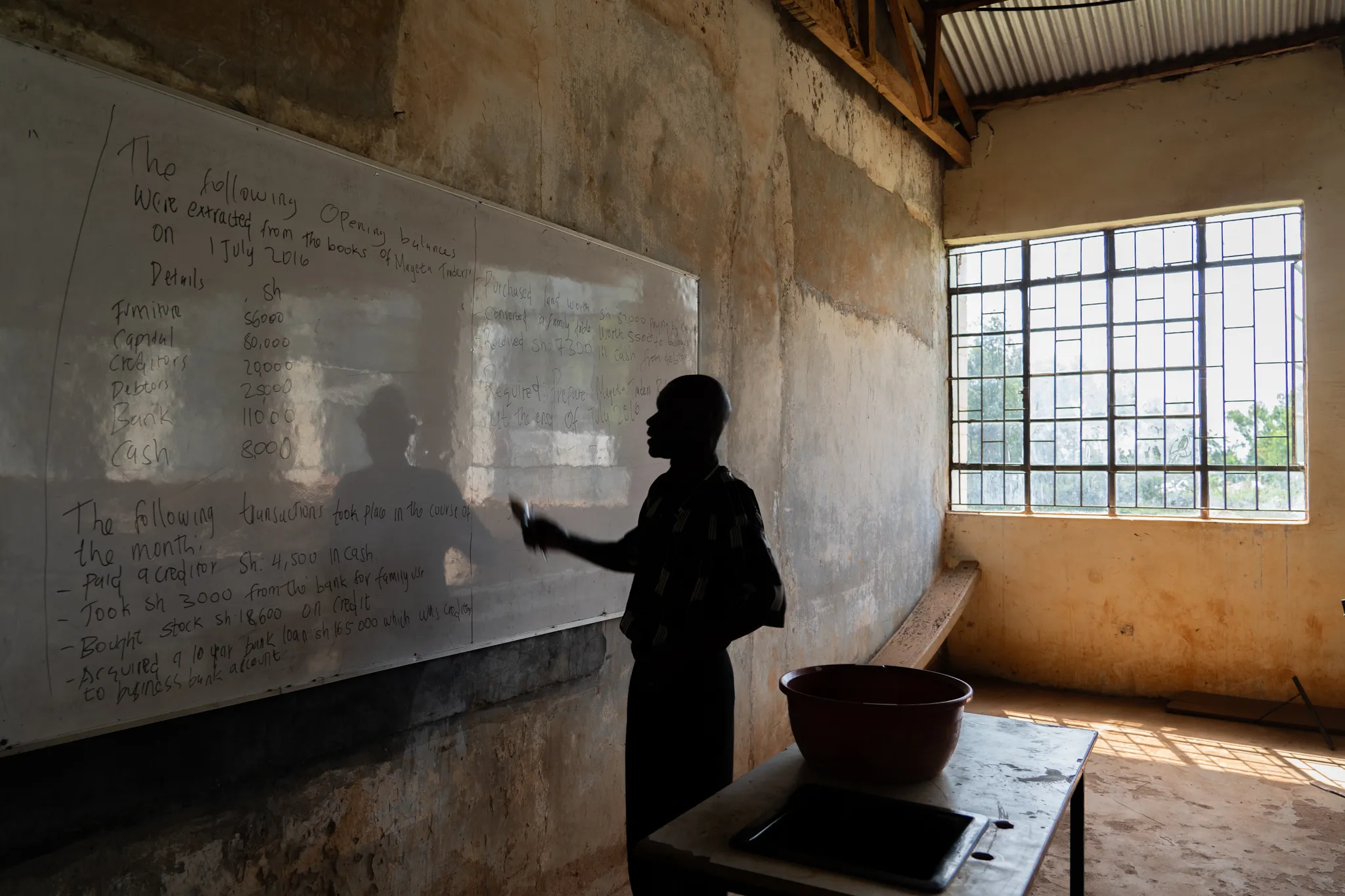 Teacher silhouetted against a lesson on the whiteboard, Kenya