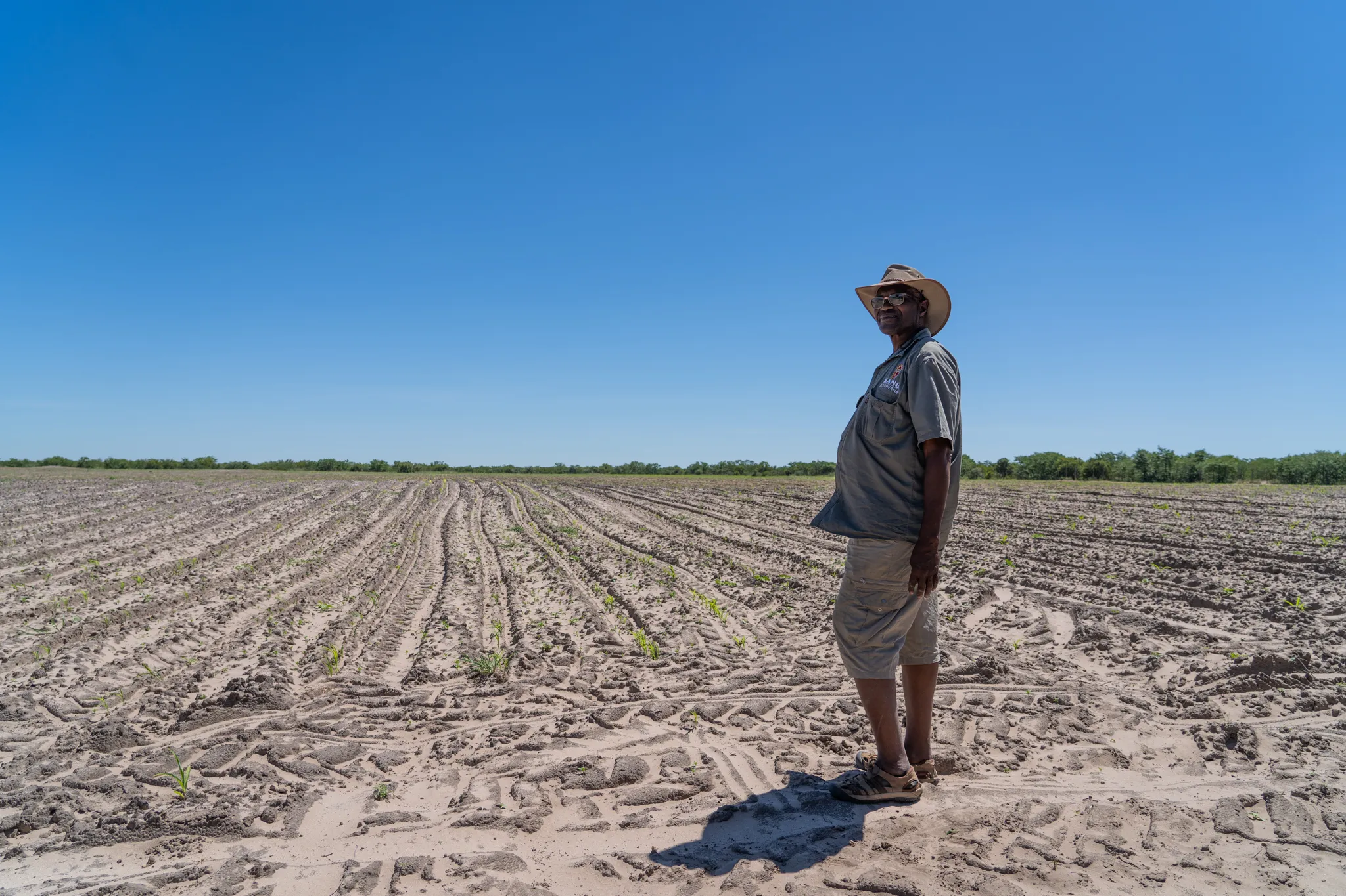 Farmer stands amid freshly plowed fields under open sky