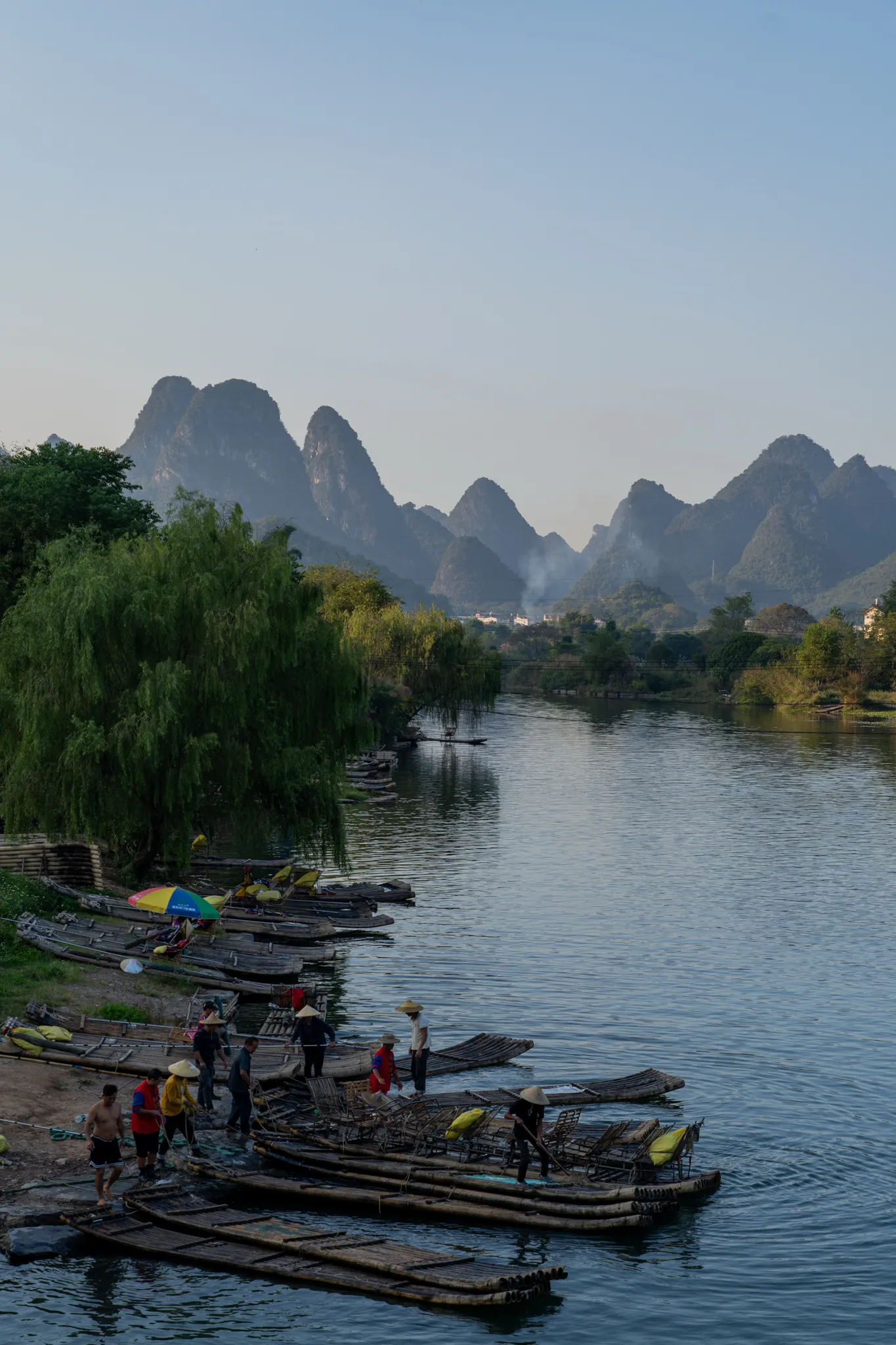 Bamboo rafts moored below Yangshuo's karst peaks