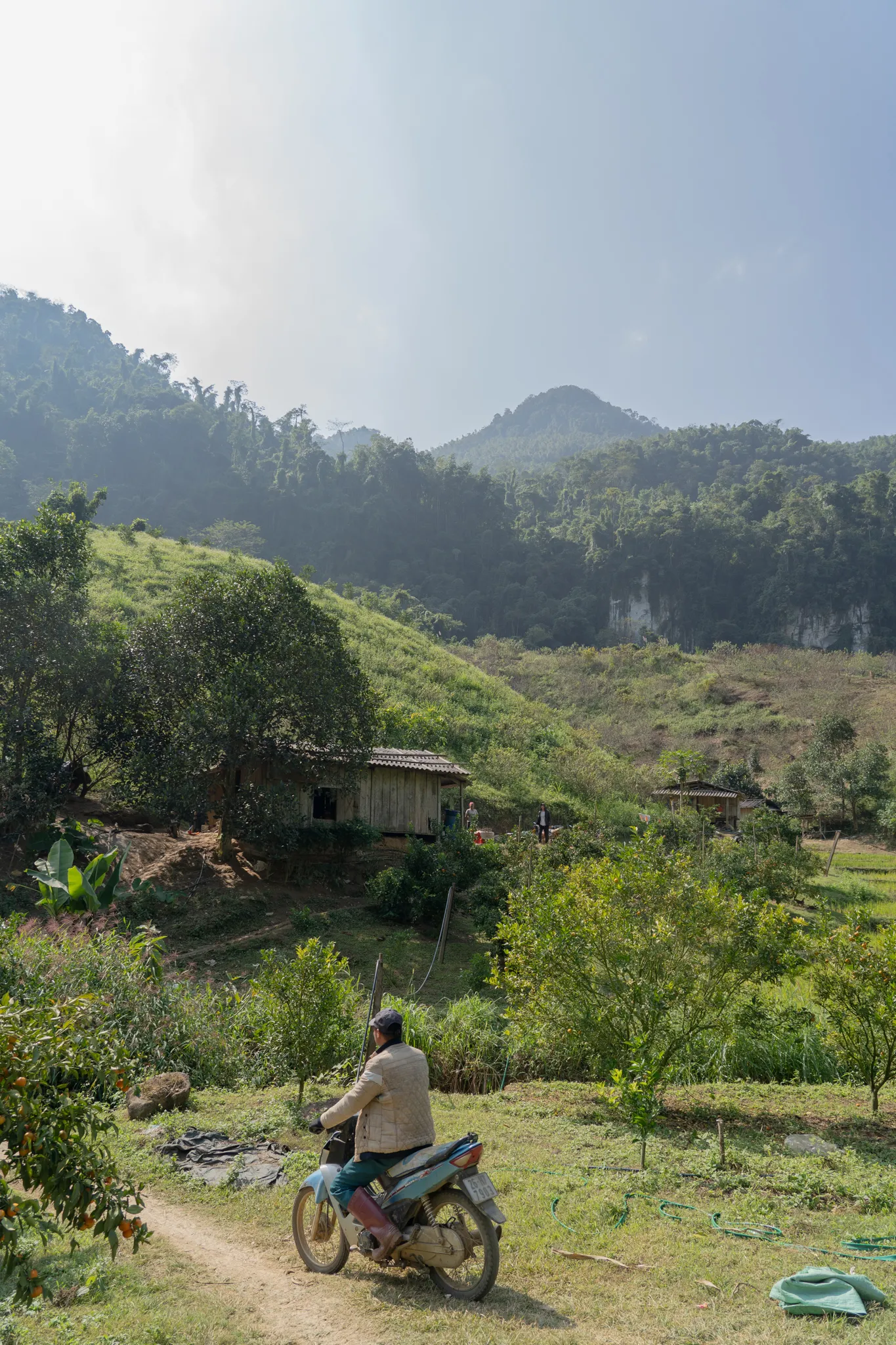 Motorbike rider pauses above a jungle valley
