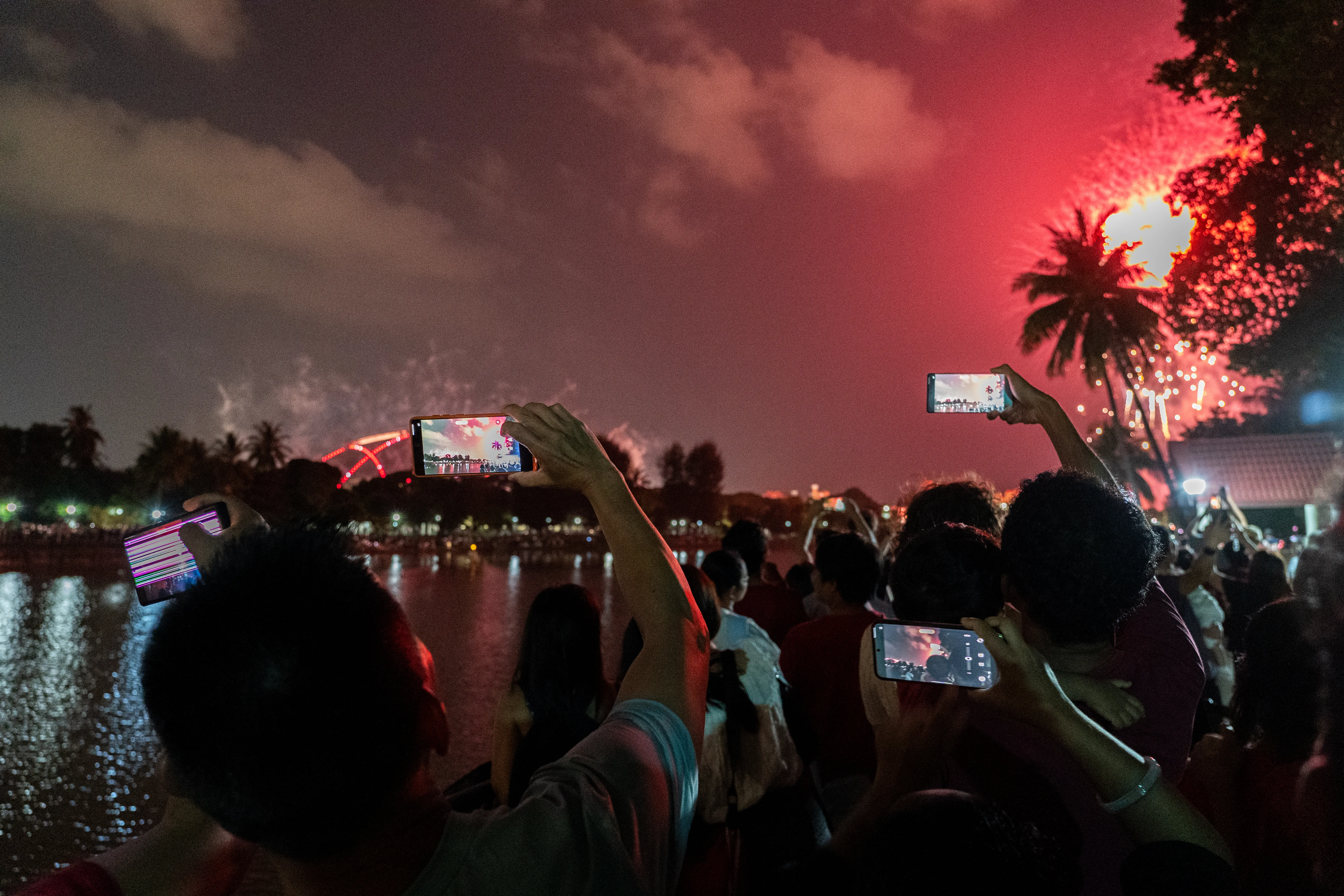 Fireworks over the water on independence day, Singapore
